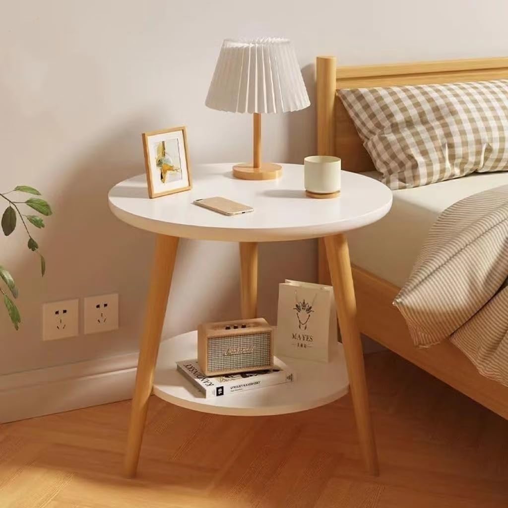 Modern round coffee table, small side table coffee table, bedroom living room small space, 2 level nightstand coffee table, coffee snack table, sturdy and easy to assemble