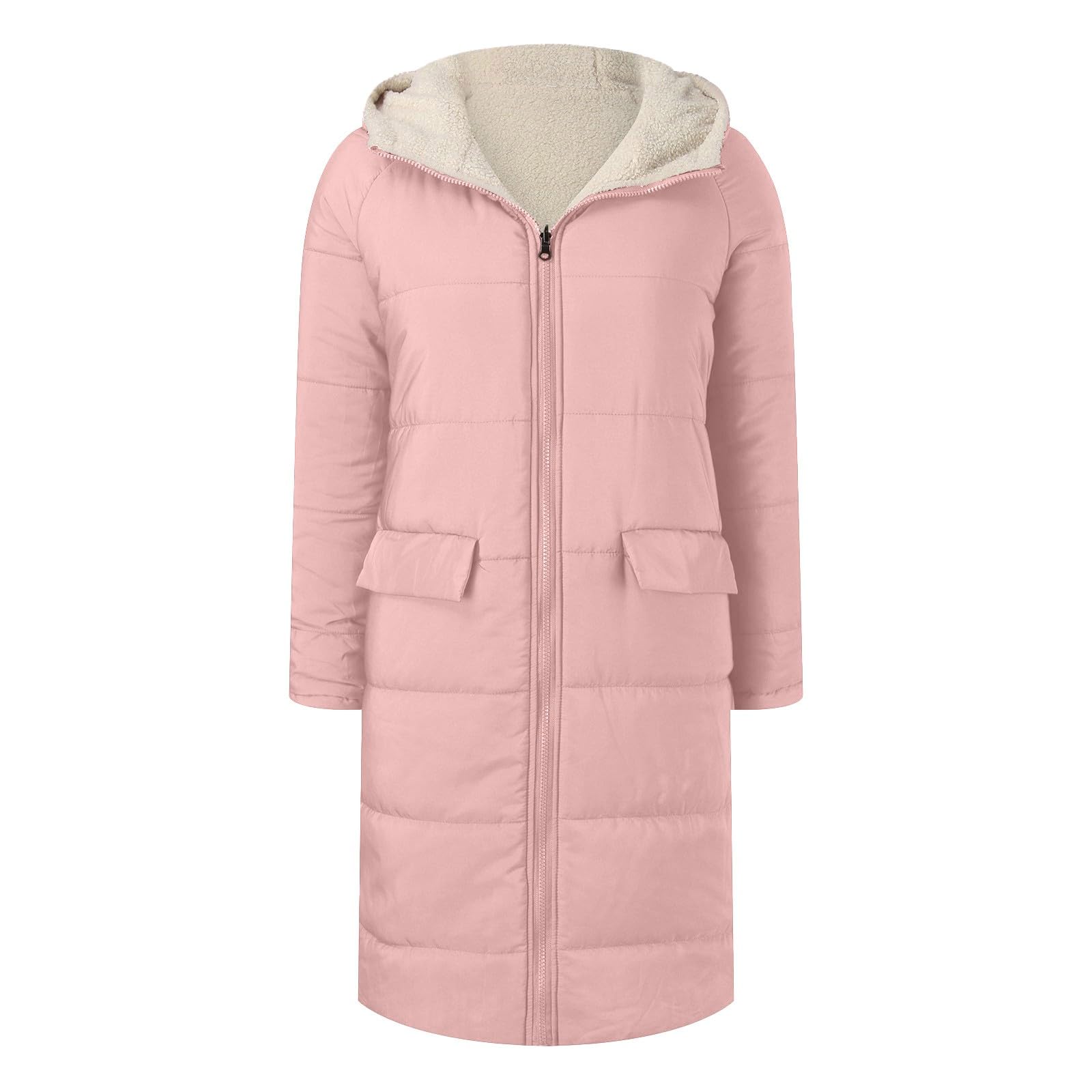 Generisch Damen Lange Wintermantel Warm Gefüttert Steppmantel Puffer Jacke mit Kapuze Fleece Mäntel Reißverschluss Elegant Parka Outdoorjacke Taschen