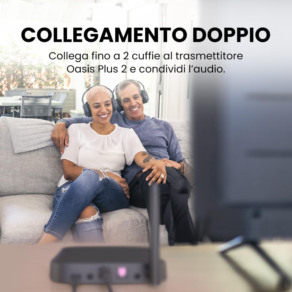 Avantree Oasis Plus 2 – Trasmettitore Bluetooth per TV con controllo del volume a distanza, supporta due cuffie, aptX‑Adaptive, passthrough soundbar, per TV con uscita ottica o AUX