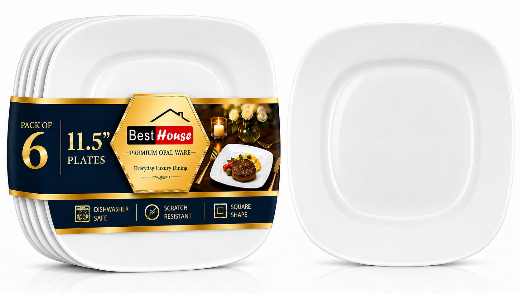 BH | Opalware Square Dinner Plates White | 11.5 Inch (29 cm) | Set of 6 | Microwave, Oven & Dishwasher Safe | Premium Modern Dinnerware Plates for Everyday Dining & Serving - By Best House