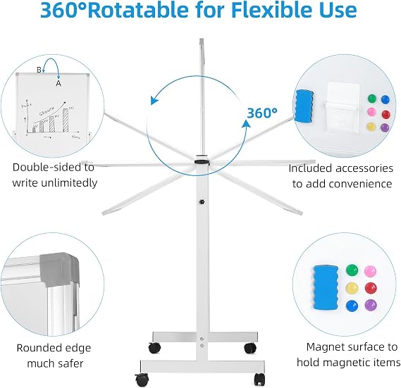 VOWNER Rolling Whiteboard, 40 x 28 Double Sided WhiteBoard on Wheels, Height Adjustable Dry Erase Board with Stand, Magnetic Mobile White Board for Office, Home, Classroom, White