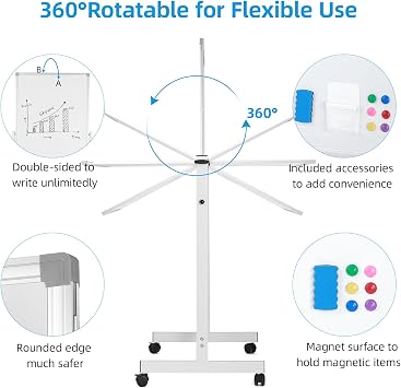 VOWNER Rolling Whiteboard, 40 x 28 Double Sided WhiteBoard on Wheels, Height Adjustable Dry Erase Board with Stand, Magnetic Mobile White Board for Office, Home, Classroom, White