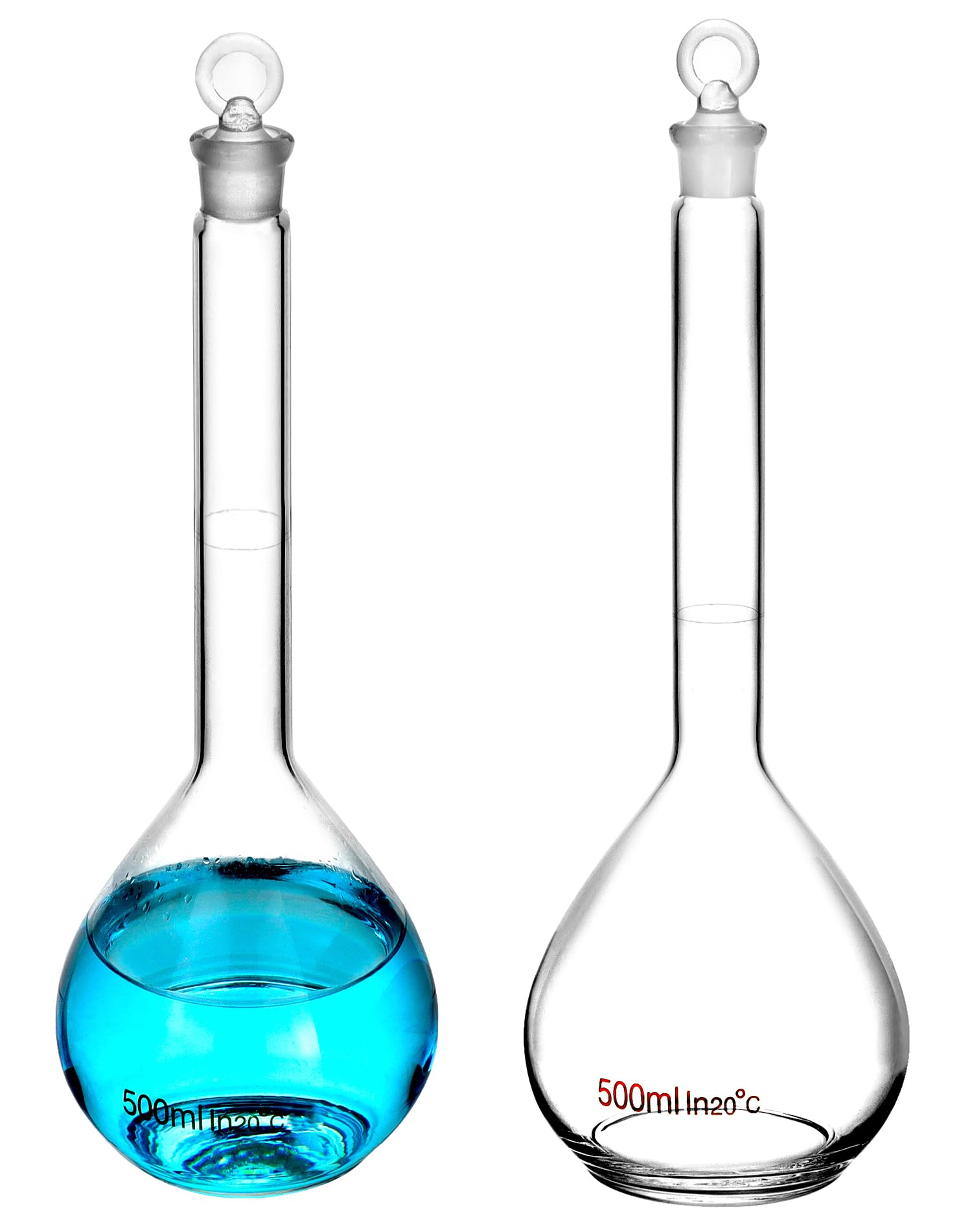 QWORK Frasco volumétrico de 500 ml con tapón de vidrio, vidrio de borosilicato alto 3.3, 2 unidades