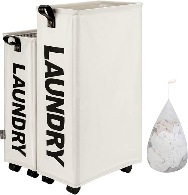 DOKEHOM 27.5-Inches Slim Laundry Basket with Removable Wash Bag on Wheels (4 Colors), Foldable Corner Storage Bins, Collapsible Rolling Laundry Hamper (Beige)