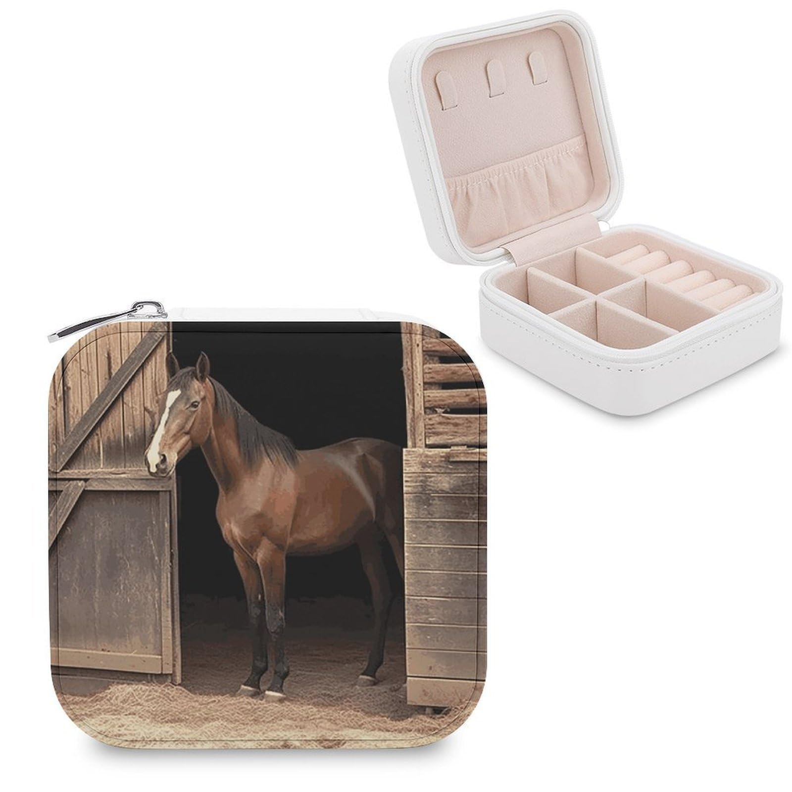 FekiLoot Barn Horse Jewelry Case Personalized Leather Jewelry Box Mini Travel Jewelry Case Small Portable Jewelry Organizer for Ring Earrings Necklace Bracelet