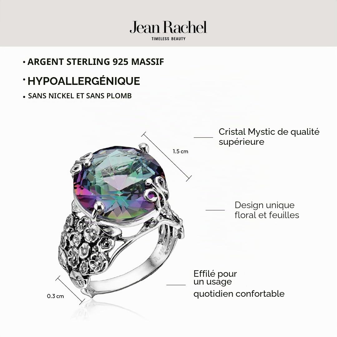 JEAN RACHEL JEWELRY Bague en Argent Sterling 925 - Design Vintage Fleurs et Papillons avec Zirconium Rond - Bijou Artisanal Fait Main, Hypoallergénique, Sans Nickel - Mystique CZ, 7