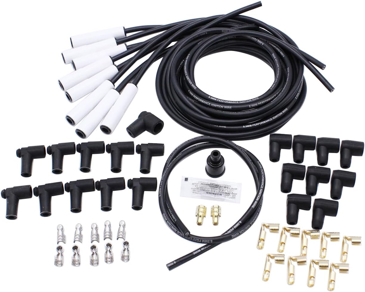 Black 8mm Heat Spiral Spark Plug Wire Set White Ceramic Straight 180° Boots Universal Fits for SBC BBC Chevy Ford Engines