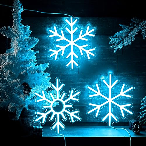 Image of Treela 3 Pcs Christmas Neon Sign Blue Snowflake Lights Decorations