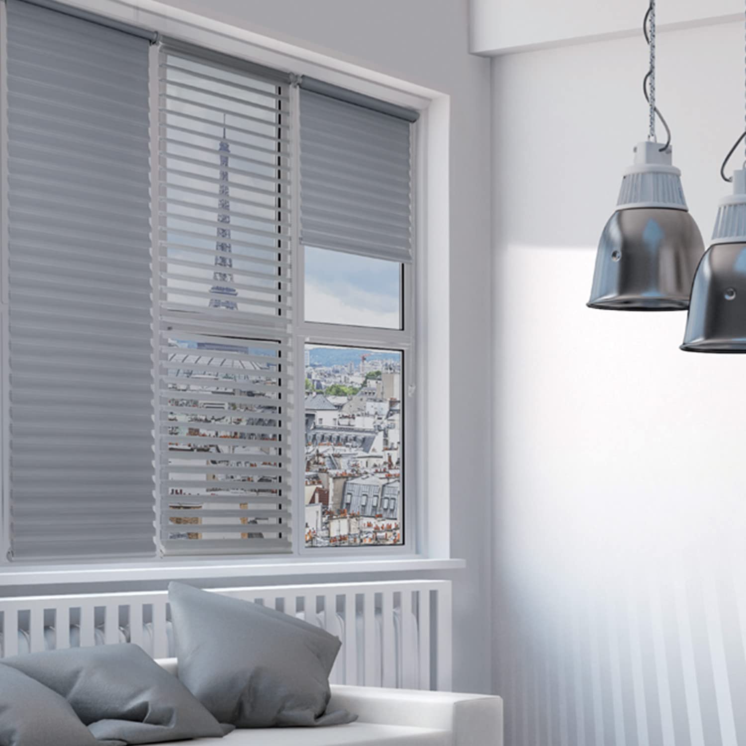MADECOSTORE Store Enrouleur Jour Nuit Duo Voile sans percer - Gris - L124 x H190cm