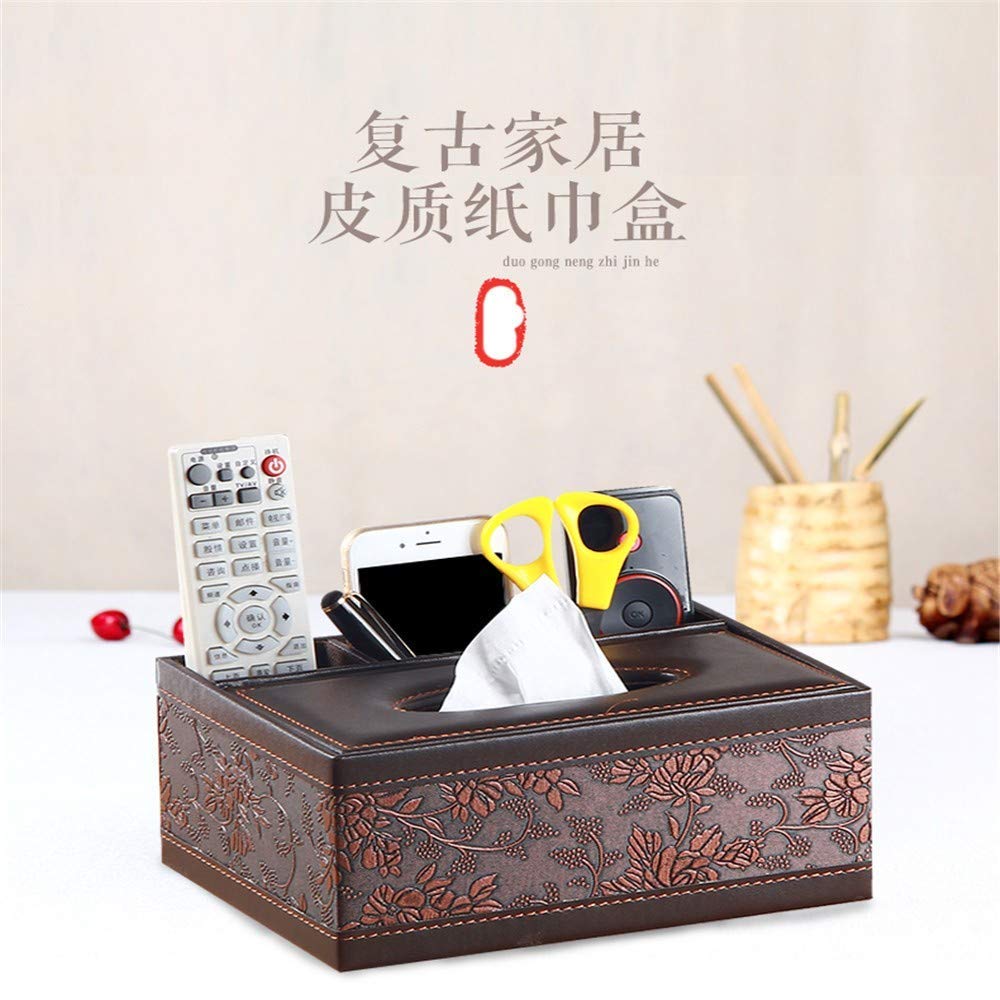 XBR Feuchttücher-Box, Tissue Box Bover, Multifunktions-Tissue-Box Fernbedienung Stift Desktop-Aufbewahrung Papierhandtuchhalter Leder geprägte Kosmetikbox 23,5 x 16 x 9,5 cm quadratisch braun