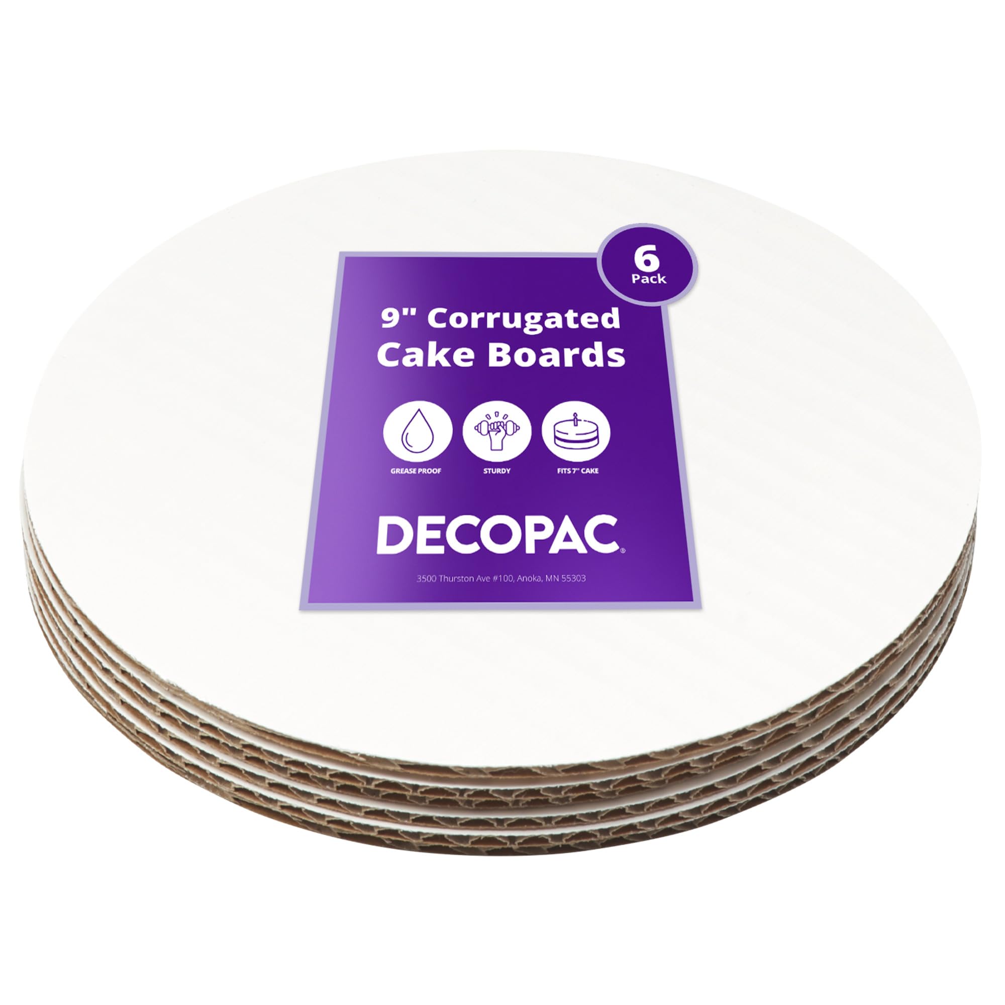 DecoPac Round Cake Board, Waxed Greaseproof finish, Sturdy Corrugated Cake Board, Pack of 6, White - 9 Inch
