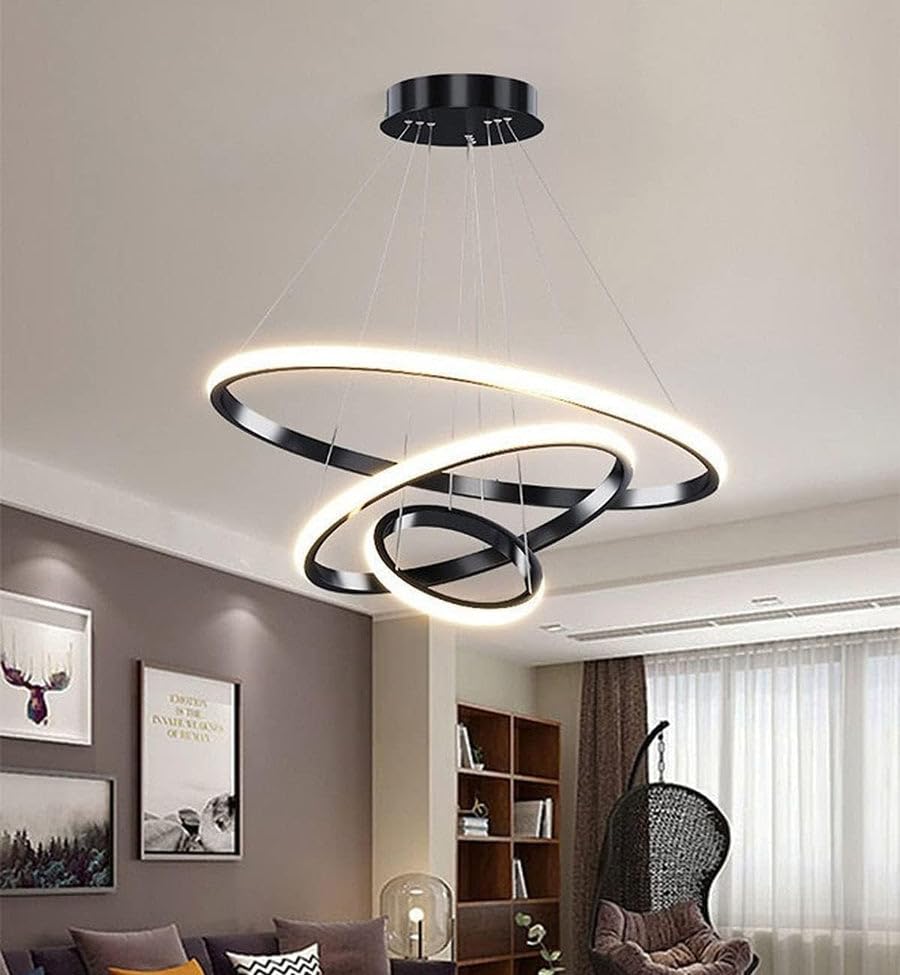 Image of Modern LED Ring Chandelier Light | Ceiling Pendant Lamp with Adjustable Hanging Rings | Warm White Contemporary LED Hanging Light for Living Room, Dining Area & Hall Decor