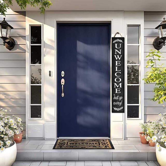32x8 Inch Farmhouse Rustic Large Vertical Go Away Door Sign - Wood Plank Set, Frank "Unwelcome Just Go Away" Message, Indoor & Outdoor Friendly image 2