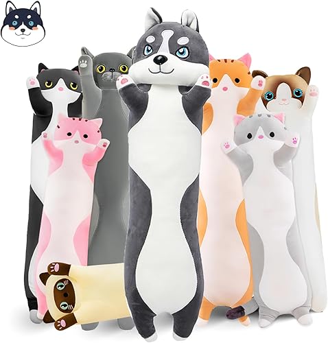Miniatura 8 de Almohada larga de felpa de gato, 27.6 pulgadas, lindo peluche de gato gris, almohada corporal de animales de peluche, juguete de peluche suave