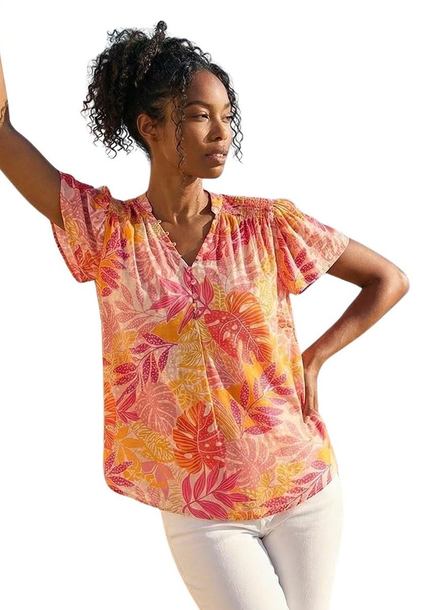 Roman Women's Pink Leaf Print Shirred V-Neck Top Size 10
