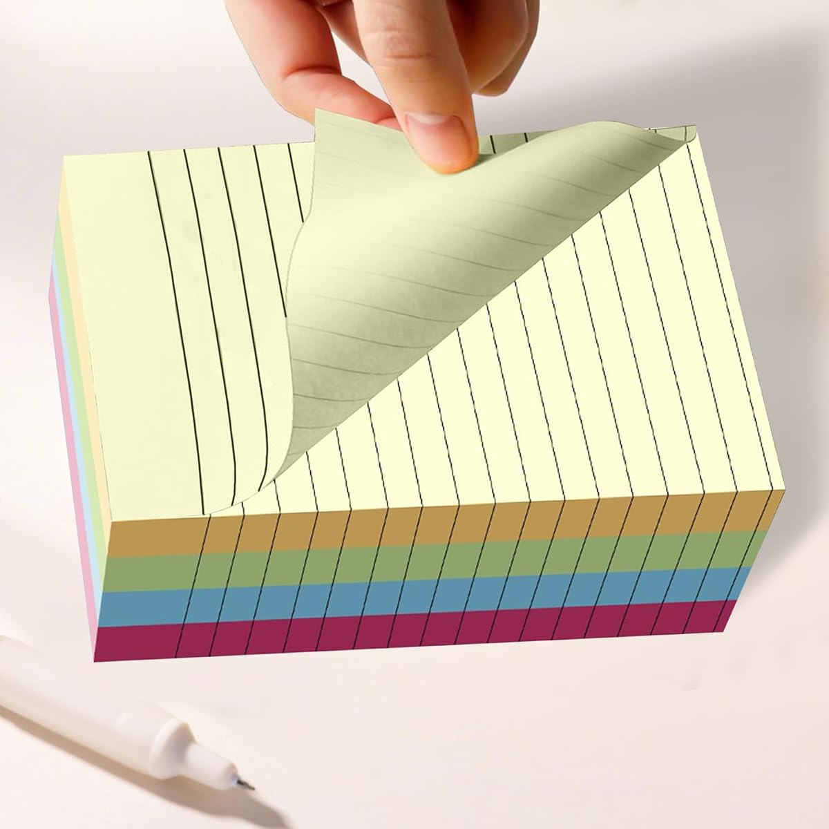 Lined Sticky Notes, 5”x3, 100 Sheets, 4 Pastel Colors Ruled Post Sticky Colorful Super Sticking Power Memo Pads, Sticky Notes with Lines Office, Home (Yellow + Red + Blue + Green)