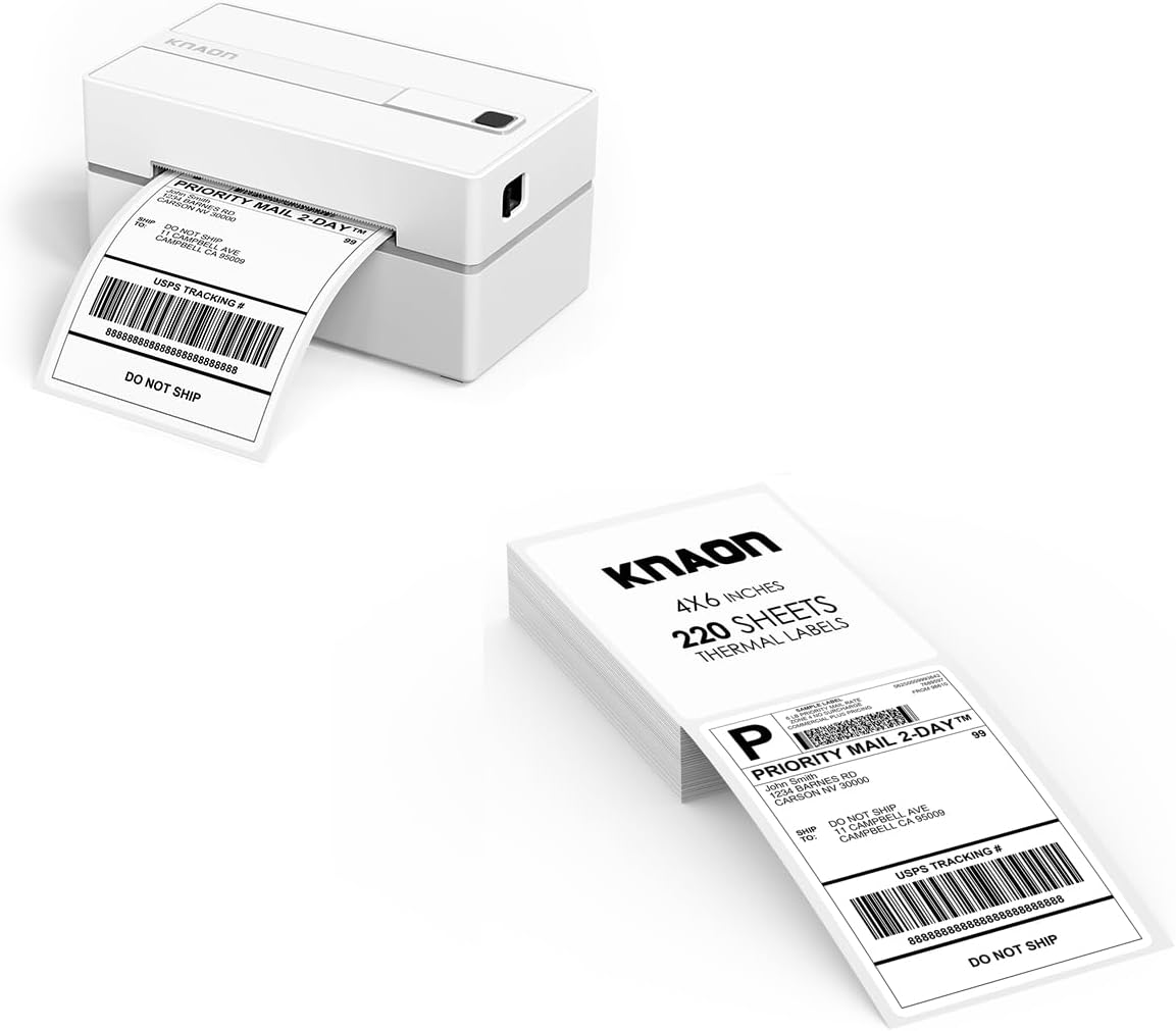 KNAON Bluetooth Thermal Shipping Label Printer + 220 PCS Thermal Shipping Label Compatible with iPhone,Android,Windows,Mac,–Works with Shopify USPS&More