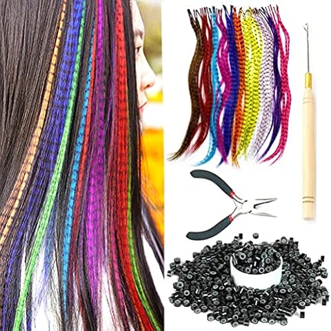 SHUOHAN 60 Pcs Mixed Color Synthetic Feather Hair Extensions Kit With 100 Pcs Micro Silicone Hair Beads 1 Crochet Hooks and 1 Pcs Kit Pliers Cover