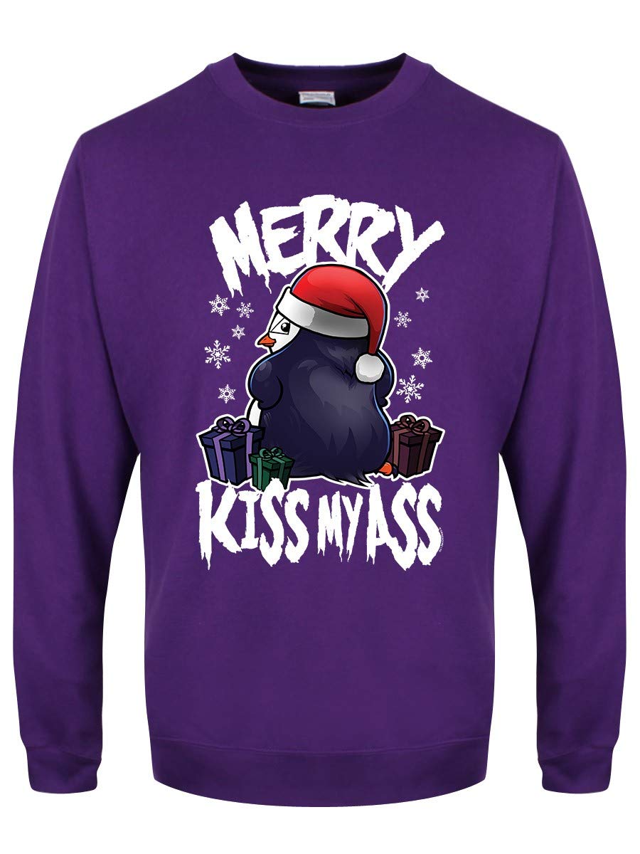 Psycho Penguin Men's Purple Merry Kiss My Ass Christmas Jumper Sweater