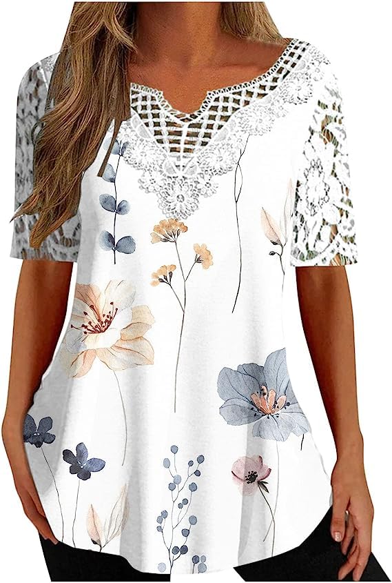 Women's Lace Crochet Tops Floral Print Flowy Tunic Tops V Neck Short Sleeve Summer Dressy Casual Blouses Today 2023