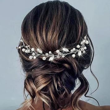 JEAIRTS Bridal Hair Vine Silver Crystal Pearl Wedding Headpiece for Bride