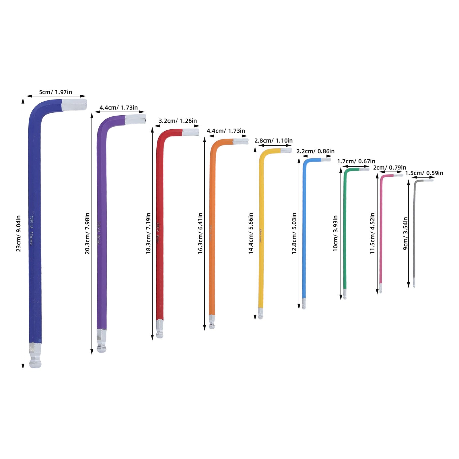 Artibetter Set di 8 chiavi esagonali metriche allungate, utensili a L con testa a sfera e codice colore, portatili per riparazioni di attrezzature meccaniche.