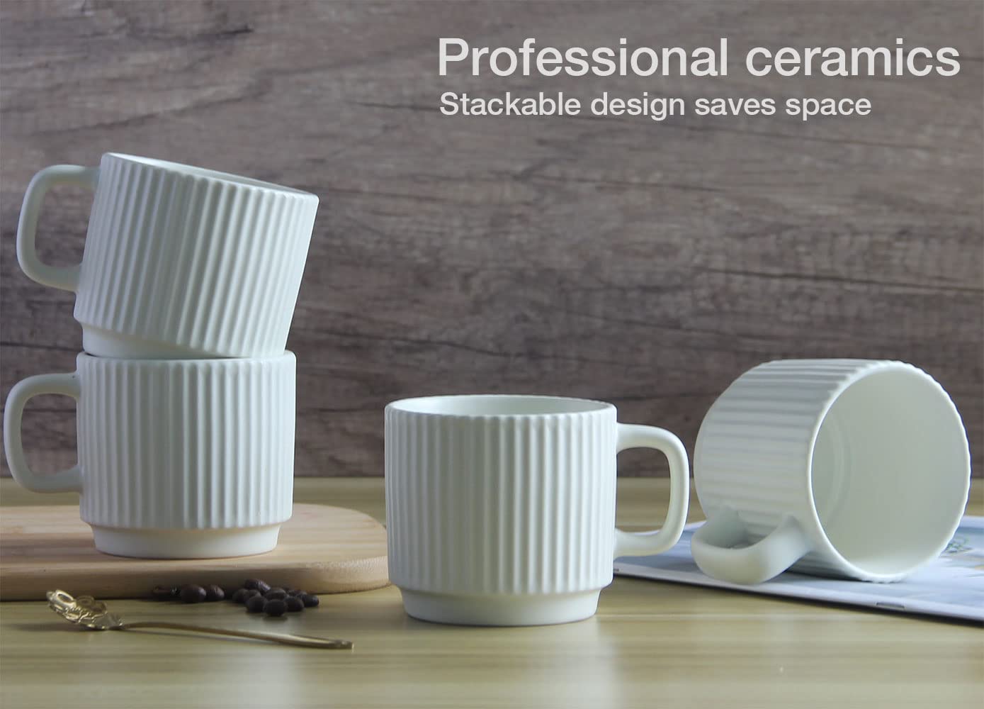 Lot de 4 tasses à café empilables en céramique avec poignée pour latte, cappuccino, cacao, 200 ml, blanc