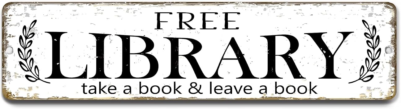 Free library Sign Book Sharing Exchange Signage Retro White 12 x 3 in