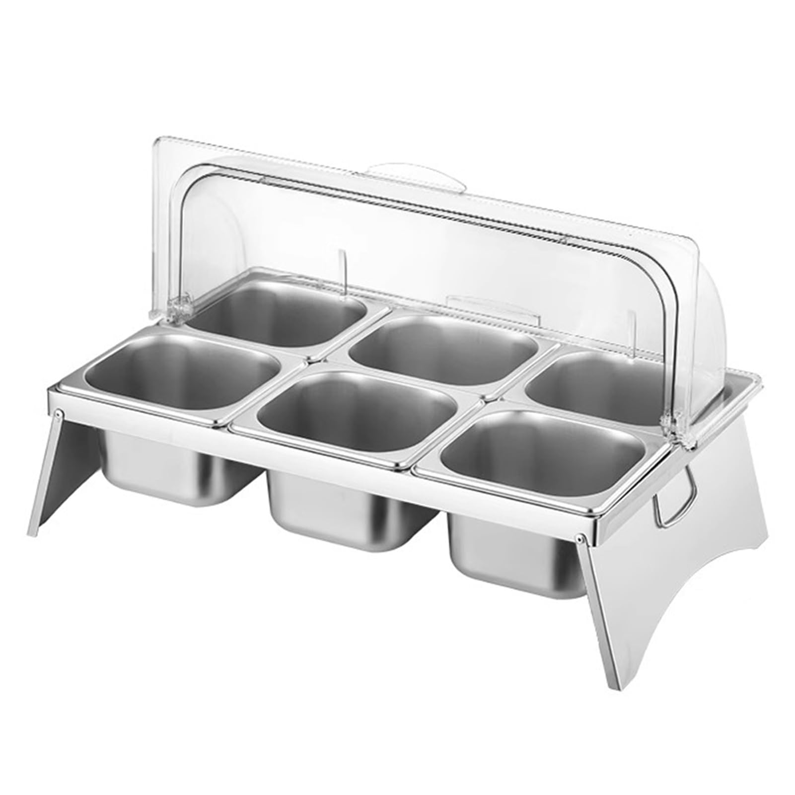 Prettiee Food Display Serving Container 1 6 Compartment Condiment Dispenser Buffet Serving Tray Clear Roll Top Lid Griddle with Grid (Silver 10 cm/6 grid)
