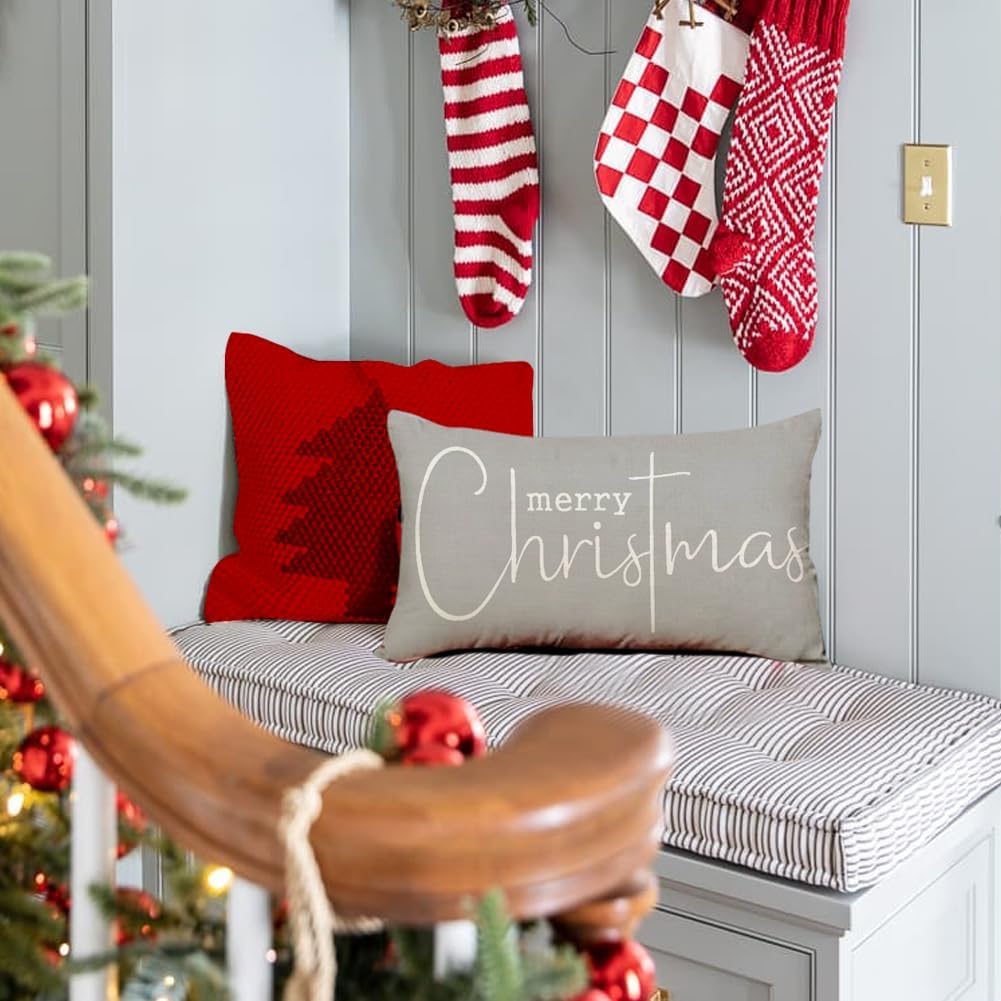 RABUSOFA Christmas Pillow Covers 12x20 Inch,Merry Christmas Quote Decorations Winter Decorative Throw Pillow Cases,Farmhouse Holiday Xmas Lumbar Cushion Covers for Home Couch Living Room Gray
