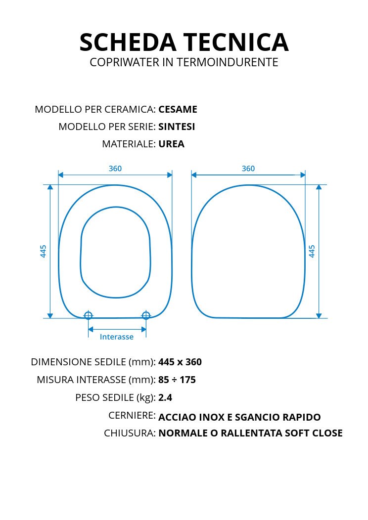 Asiento de inodoro para Cesame Sintesi termoendurecible blanco bisagra inoxidable normal o ralentizada soft close