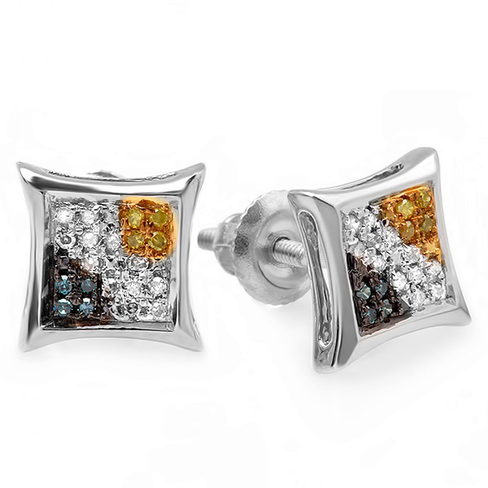 Dazzlingrock Collection 0.10 Carat Round Blue, White & Yellow Diamond Micro Pave Kite Shape Hip Hop Iced Out Studs in 925 Sterling Silver, Screw Back, Unisex Design Ladies, Mens Real Diamond Earrings
