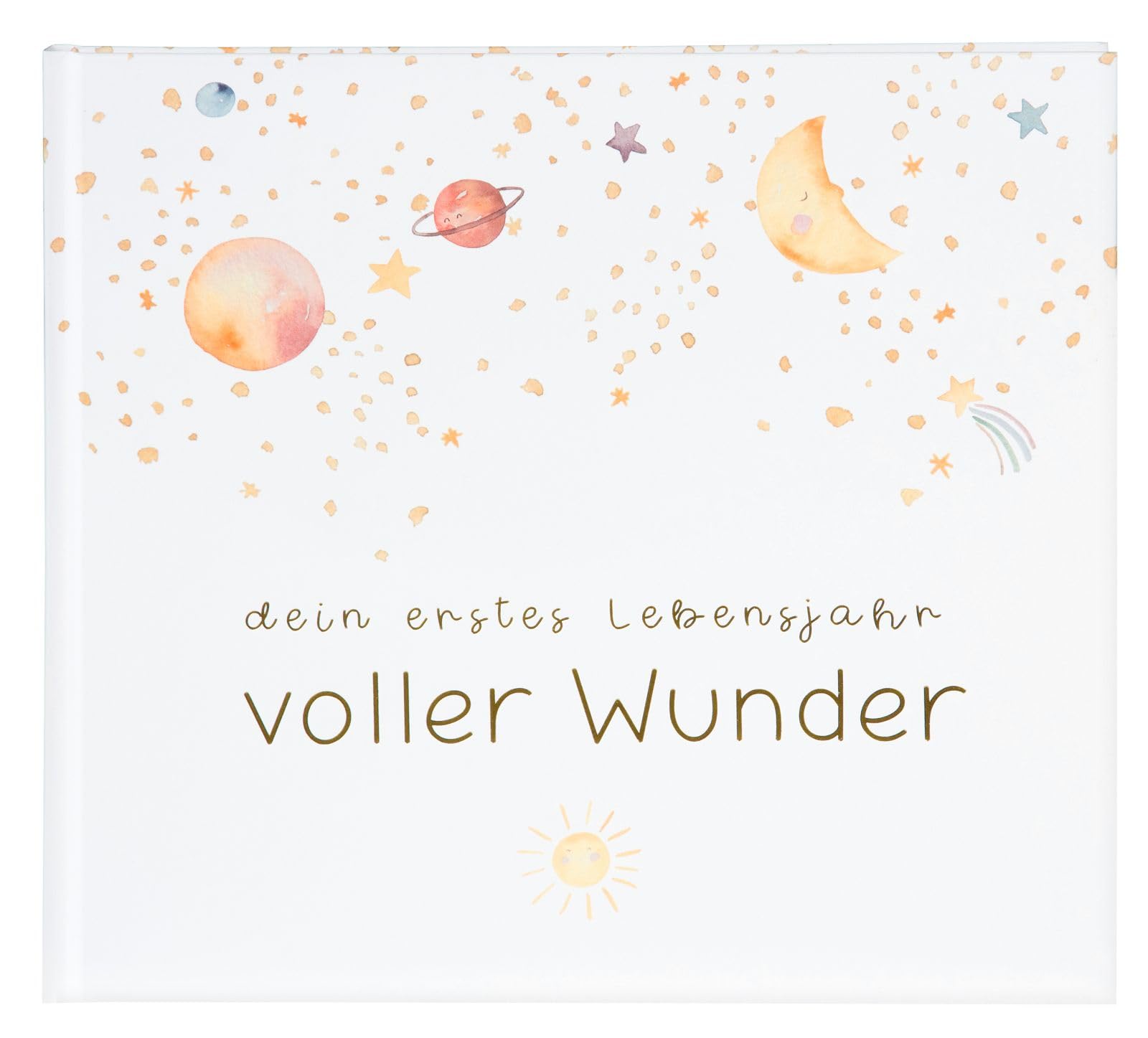 goldbuch 50 498 Babytagebuch Voller Wunder Weltraum Weiß, Erinnerungsalbum mit 100 illustrierten Seiten, Einband mit Goldprägung und einem Nachthimmel als Motiv, Babyalbum ca. 24,5 x 22,5 x 3,5 cm