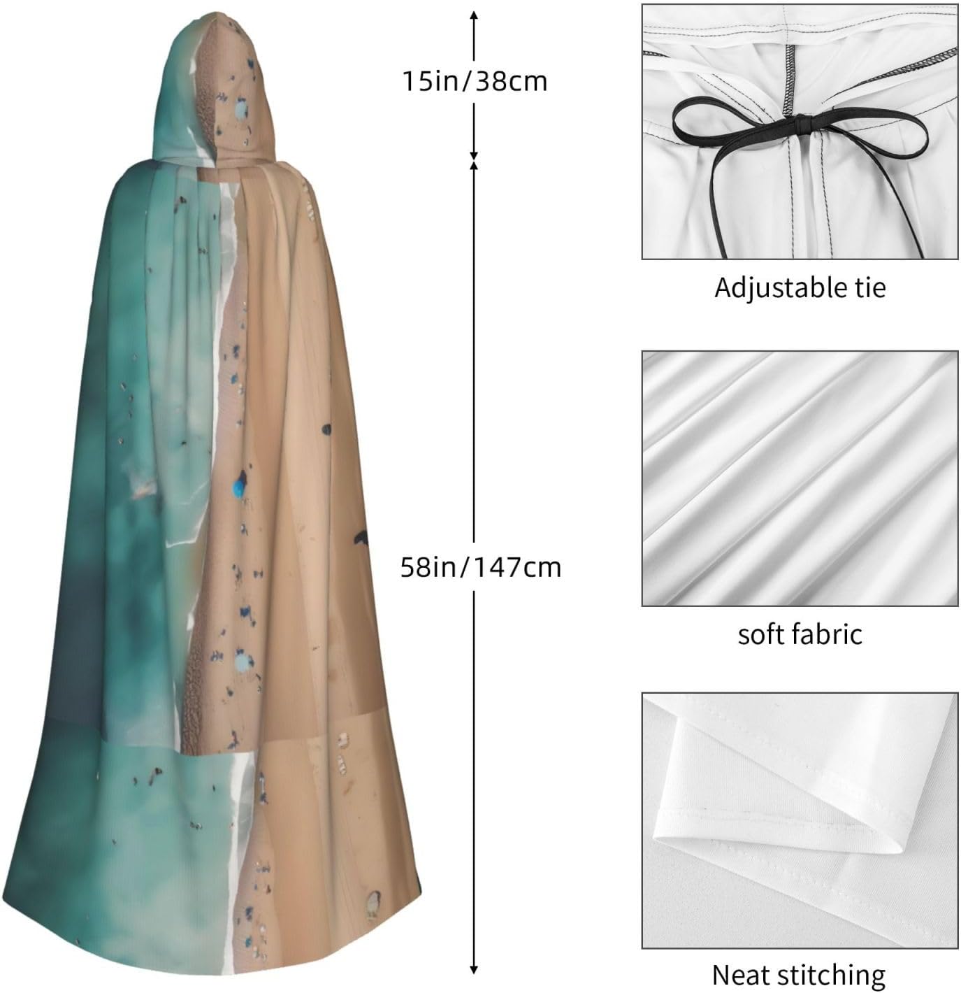 Aerial View Of The Beach Men Women Halloween Role Play Party Decoration Hooded Poncho Black
