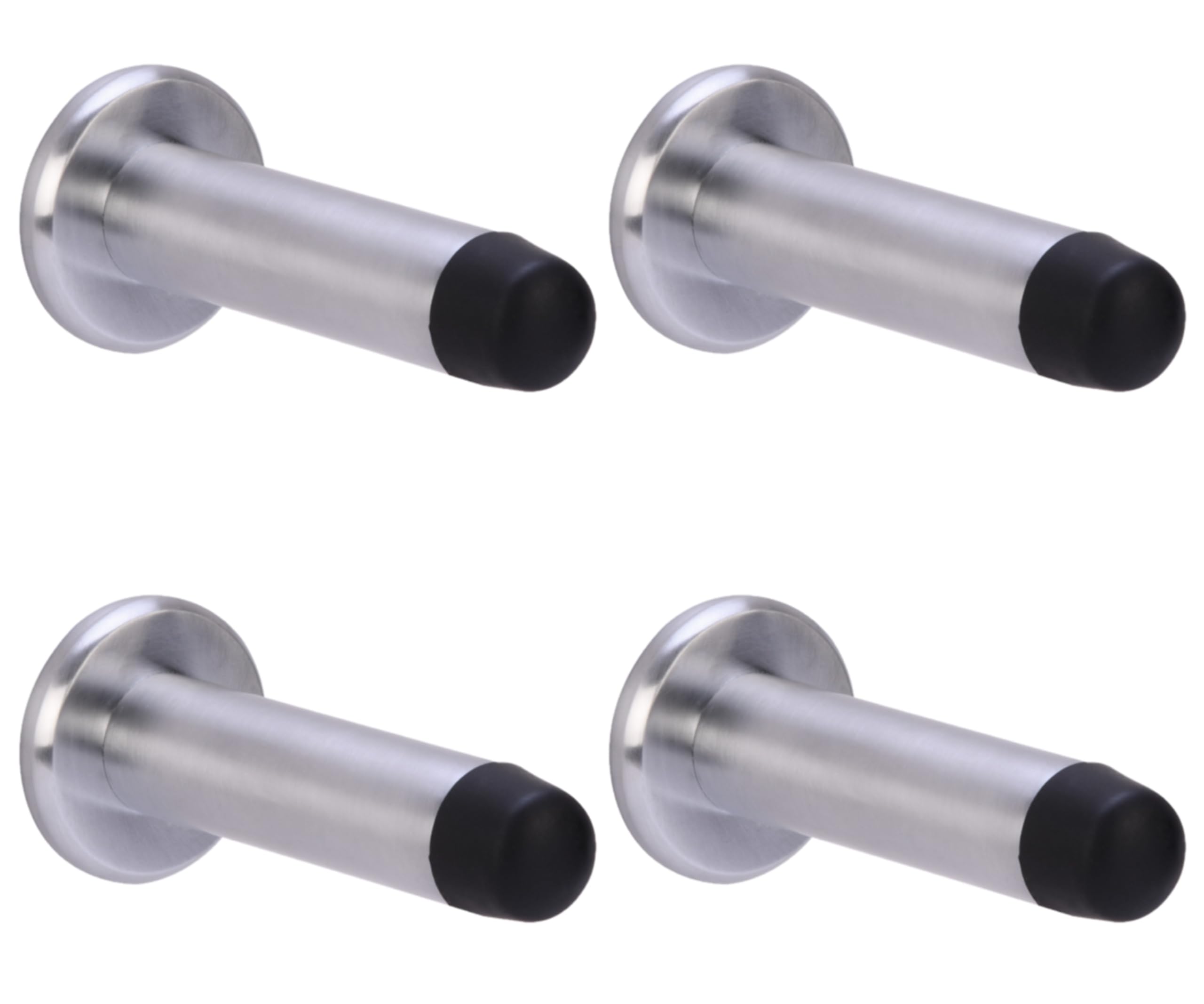 Hunta Satin Chrome Handlezone® 4 Pack 75Mm / 3 Inch Projecting Skirting Or Wall Mounted Door Stop, Concealed Fixing, Rubber Buffer Stopper