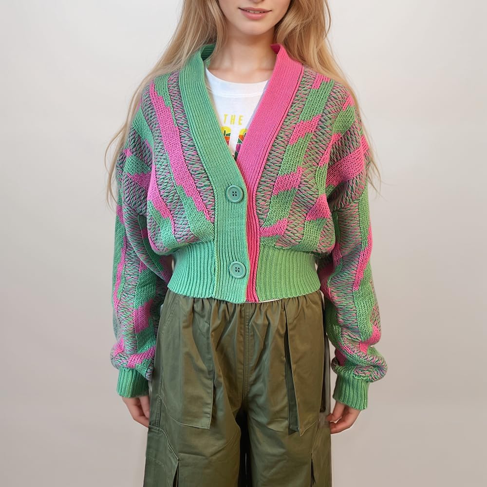 Pink and Green Color Block Cardigan for Women - Image 2
