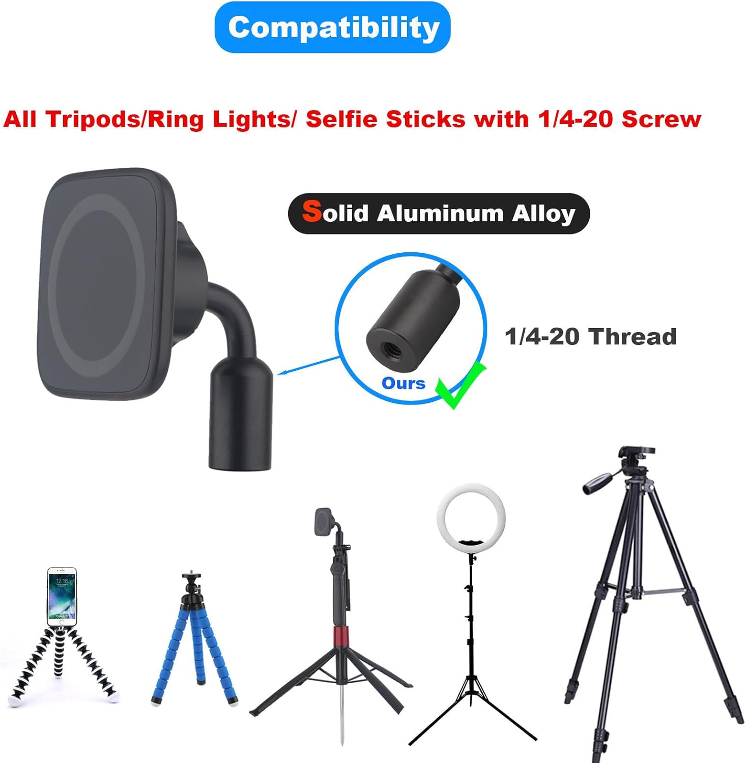 Magnetic Tripod Mount Adapter for Magsafe, with 1/4"-20 Screw Hole, Compatible with iPhone 16 15 14 13 12 All Phones (Square-Shape) - Image 3