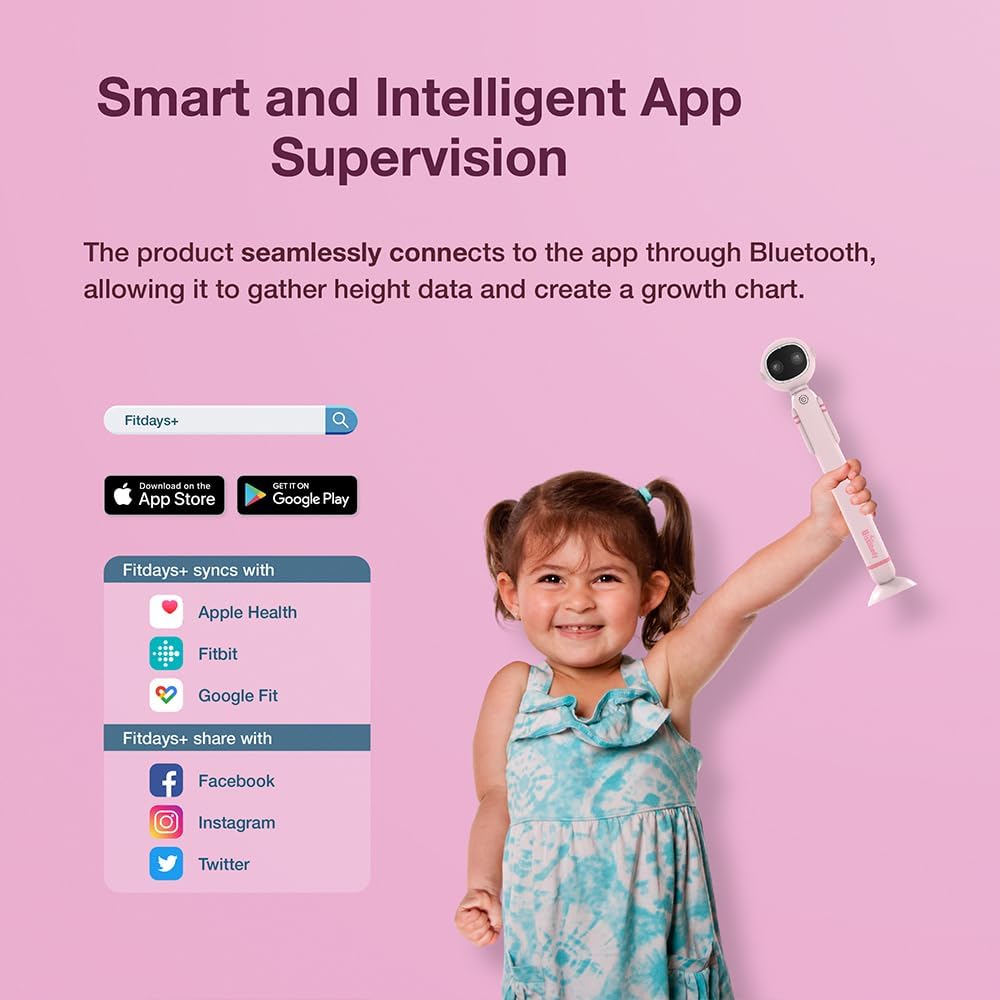 Smart Digital Height Measurement Tool for Kids with App – Portable Wireless Stadiometer, Dual Ultrasonic Sensor, Growth Tracker, LED Display & Room Thermometer, Cute Astronaut Design (Pink)