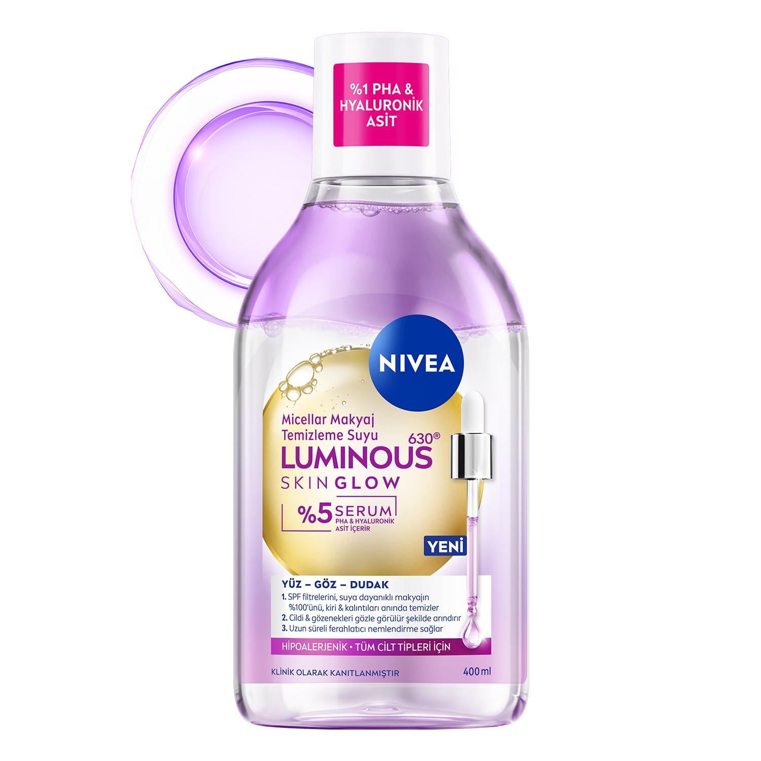NIVEA Luminous630 Skin Glow Parlaklık Etkili Micellar Makyaj Temizleme Suyu 400 ml, Serum İçerikli, PHA, Hyaluronik Asit, Arındırıcı, Nemlendirici