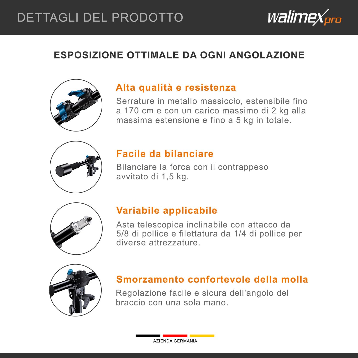 Walimex Pro Boom (contrappeso 70-183 cm, braccio, braccio di estensione, testa girevole, braccio in alluminio con 3 sezioni, altezza e lunghezza regolabili, capacità di carico da 2 a 5 kg), nero