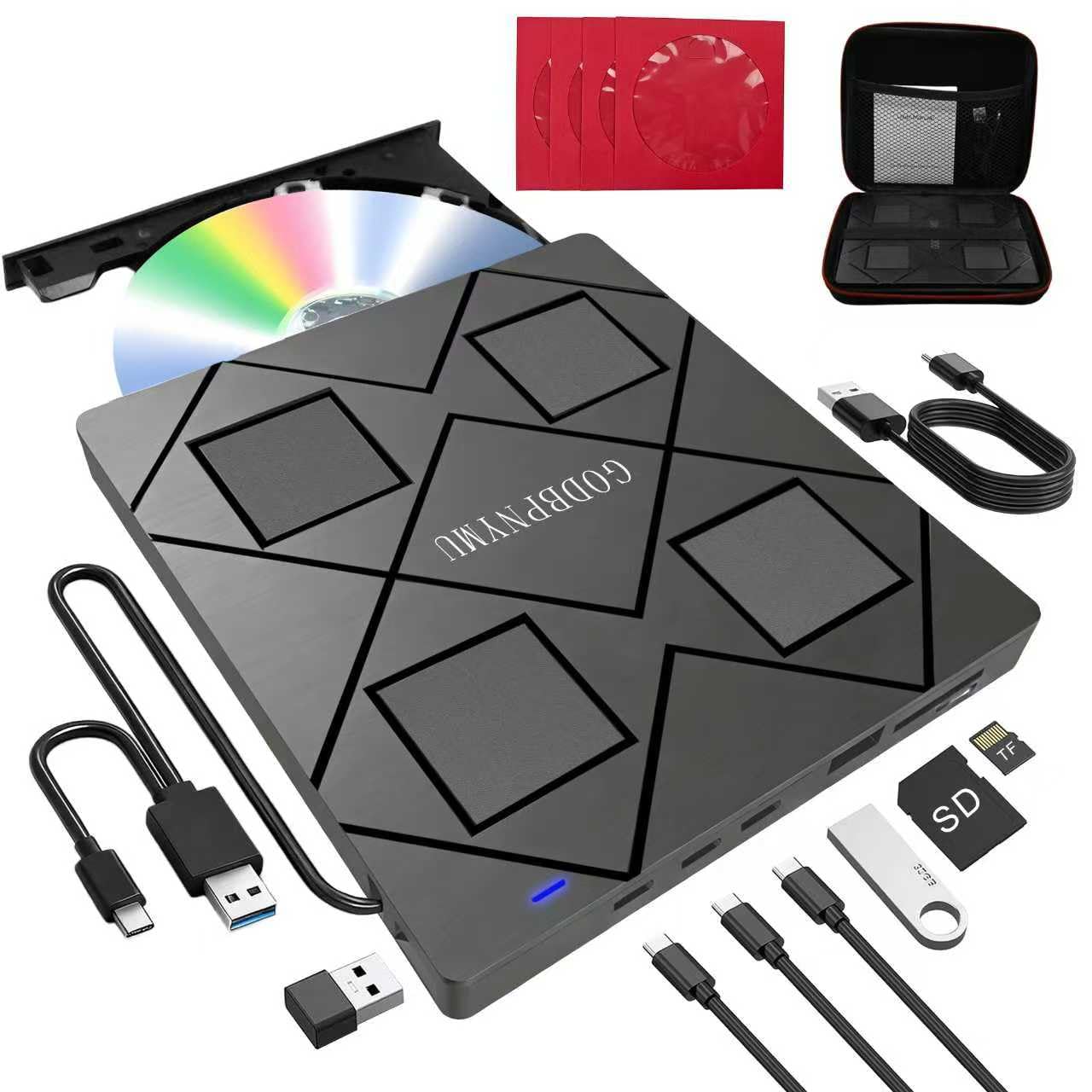 External CD Drive: an 8-in-1 DVD Player for Laptop Featuring USB*2 /C*2,TF/SD Card Reader.CD/DVD +/-RW Burner,Compatible with Windows 11/10/ 8/7/XP,Linux,Mac os. Comes with 1+4 Storage Bag-image-32