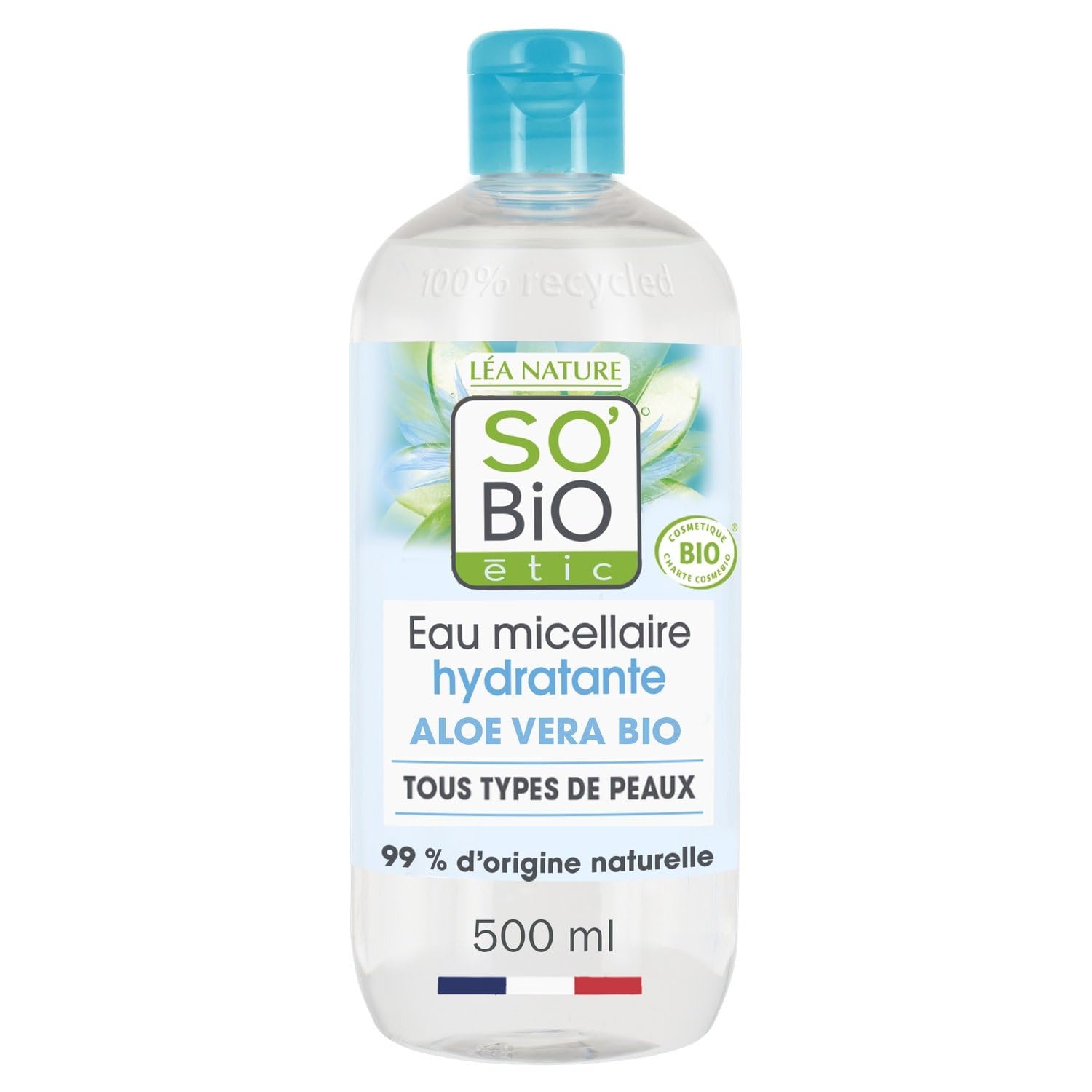 SO'BIO ÉTIC Eau Micellaire Hydratante au Jus d'Aloe Vera Bio et Bleuet - Nettoyant Visage et Yeux - Format 500 ml - Flacon en Plastique Recyclé - Pour Tous Types de Peaux - Fabriqué en France