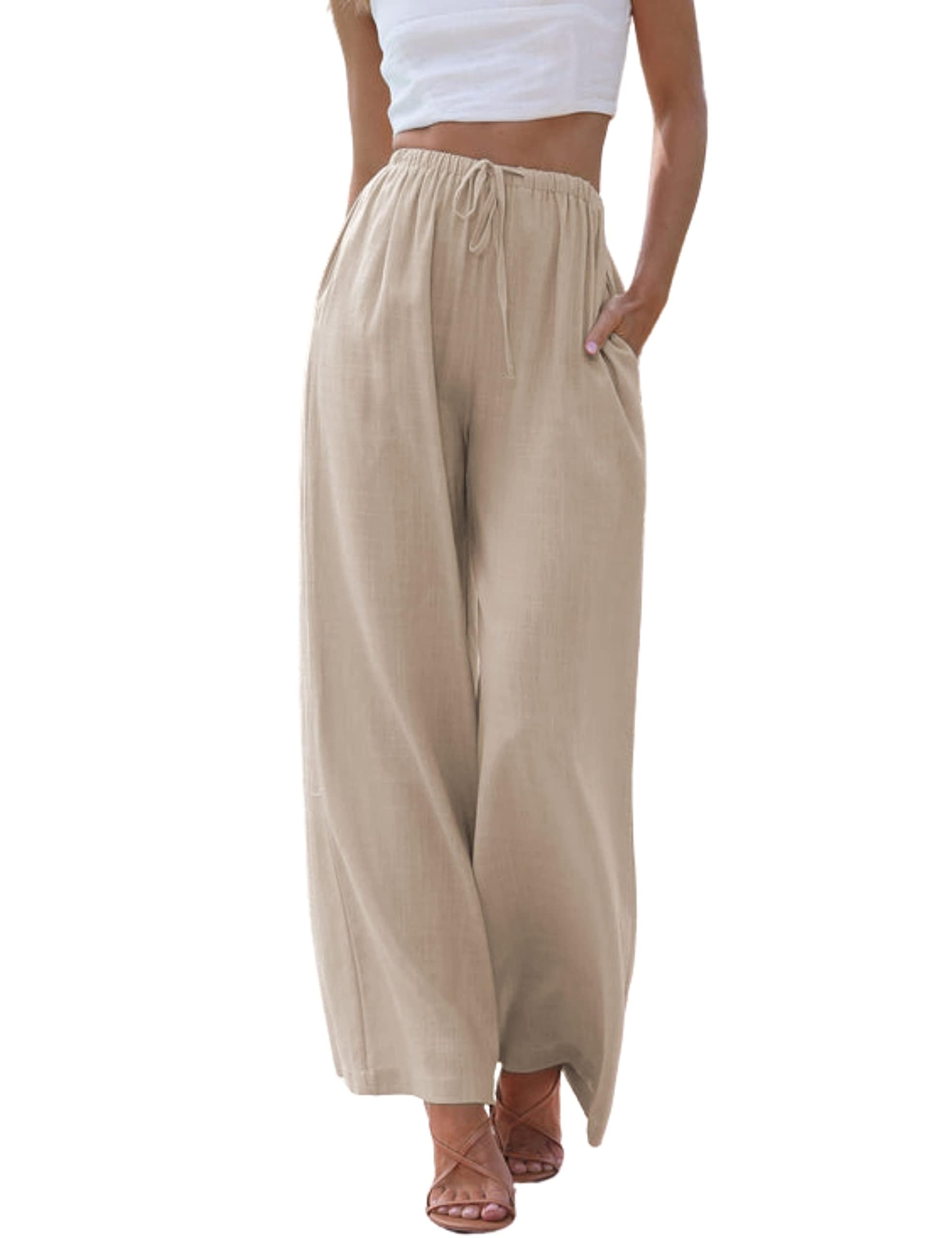Imuedaen Women's Trousers Summer Linen Lightweight Casual Loose Linen Trousers Leisure Trousers Palazzo Trousers Wide Leg Trousers Summer Trousers High Waist with Drawstring and Pockets