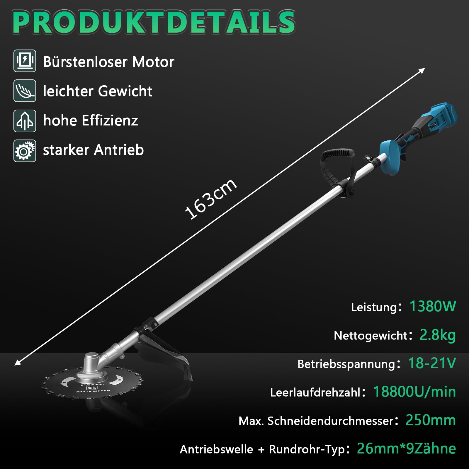 Decespugliatore a batteria 7 in 1, compatibile con batterie Makita da 18 V, 1380 W, senza spazzole, con 7 lame e tracolla, 18800 giri/min, decespugliatore elettrico per giardino, prato (senza batteria