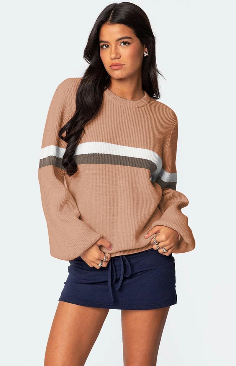 ZAFUL Womens Casual Striped Sweater Color Block Crew Neck Long Sleeve Pullover Ribbed Loose Knit Tops - Image 2
