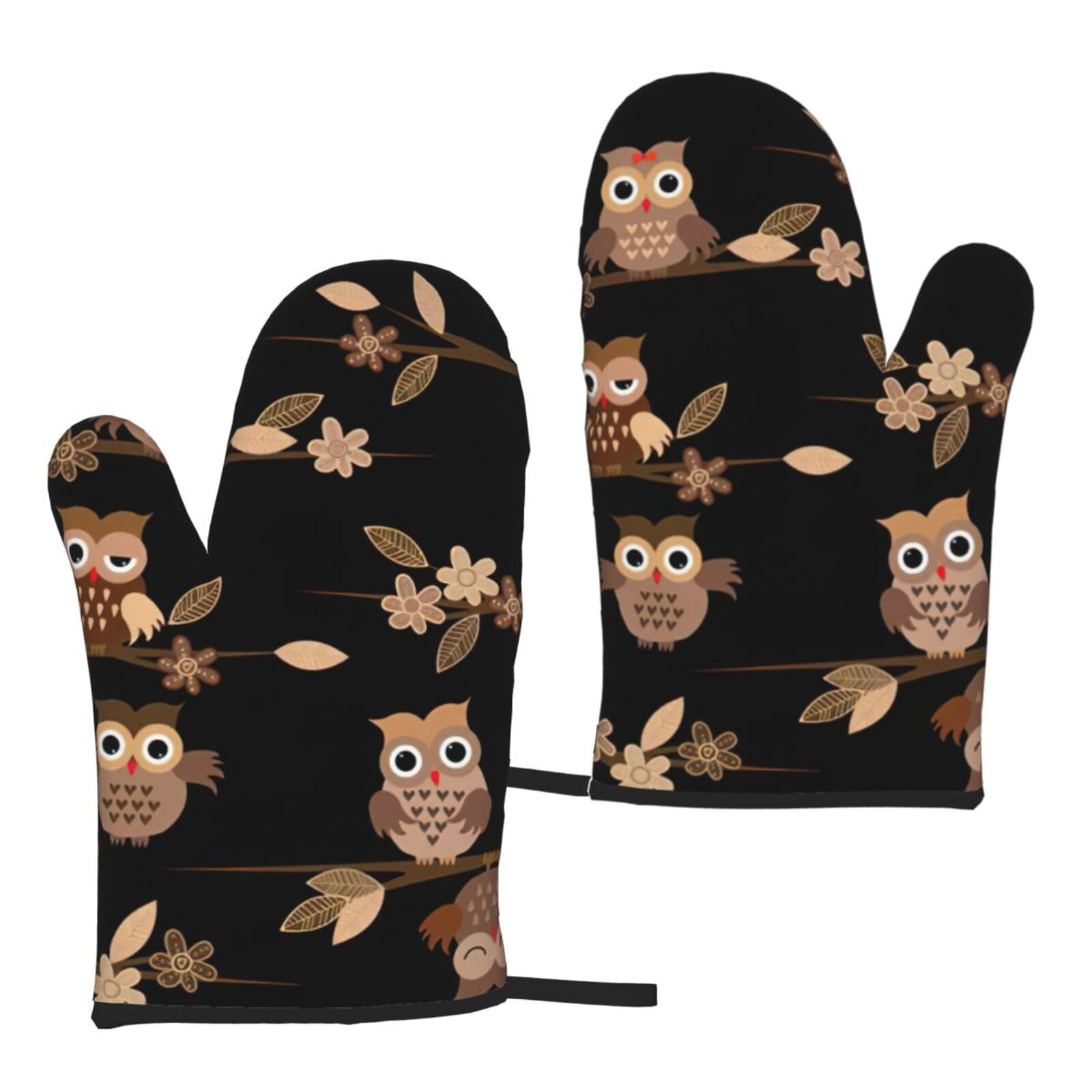 Nimongt Women's Black Cute Brown Cartoon Owls Print Adults Universal Fit Heat Resistant Oven Gloves Reusable Cooking Outdoor Grilling