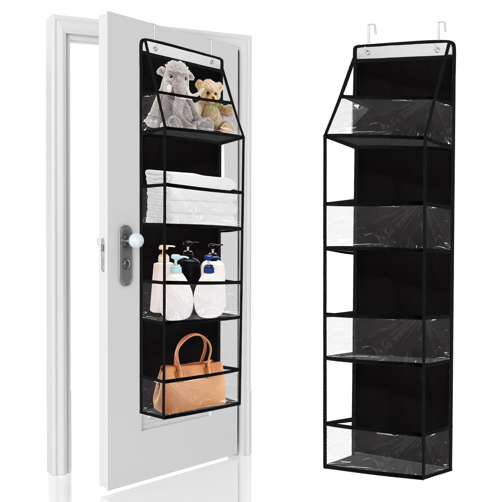 ASelected Over Door Storage Organiser, 4 Shelves Behind The Door Hanging Organiser with Clear Window, for Newborn Nursery Bathroom Closet, Black