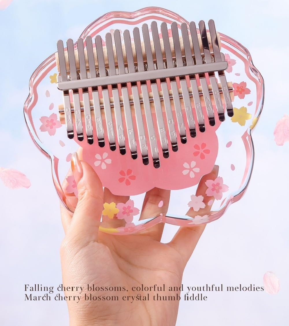 Kalimba Daumenklavier 21 Töne mit Schutzcase Komplett-Set, Sakura-Form Transparentes Kristall-Kalimba 17 Töne, Professionelles Musikinstrument für Anfänger (Rosa, L)