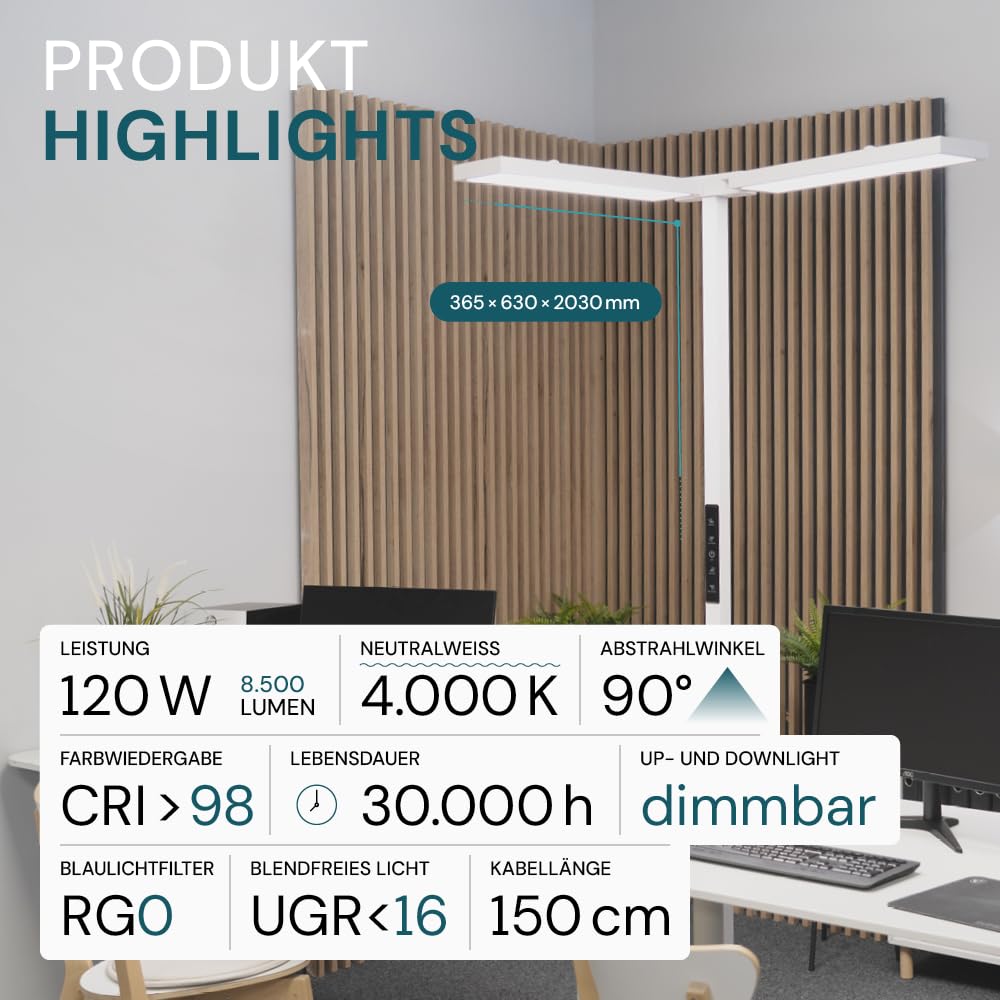 LUXULA LED Büro Stehlampe DUO, dimmbar, CRI>98 Vollspektrum, UGR<16 blendfrei, RG0 Blaulichtfilter, 4000K Neutralweiß, 120W, 8500 lm, weiß - Arbeitsplatz Stehleuchte Deckenfluter