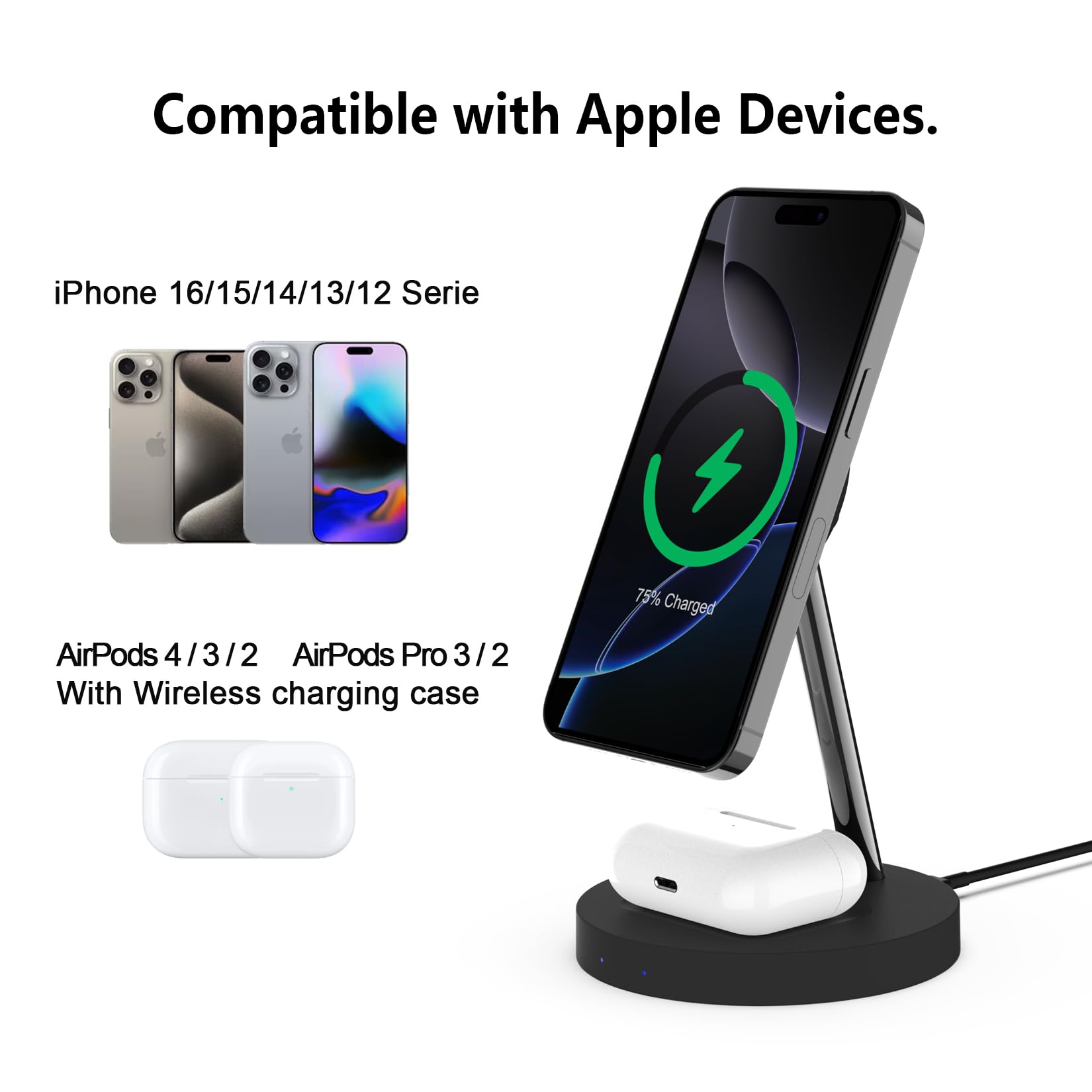 Boaraino Caricabatterie Magnetico Wireless 2 in 1, Stazione di Ricarica Compatibile con iPhoneiPhone 16/16 Pro/16 Pro Max /15/14/13/12, AirPods 2/3/4/Pro